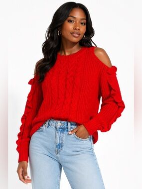 Express Red Cold Shoulder Cable Knit Ruffle Sleeve Sweater Women's Medium
